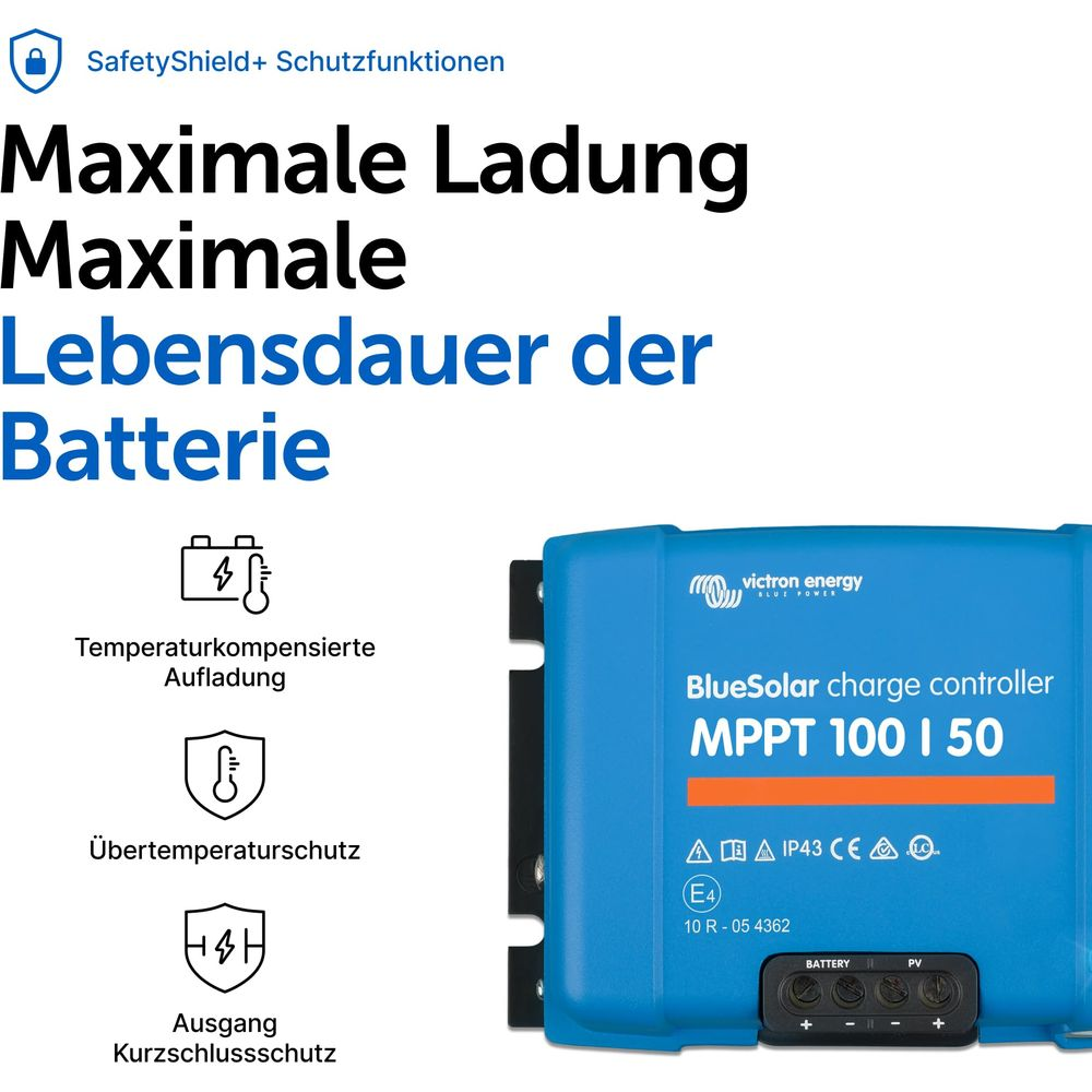 Regolatore di carica BlueSolar MPPT 100 150 con compensazione temperatura.