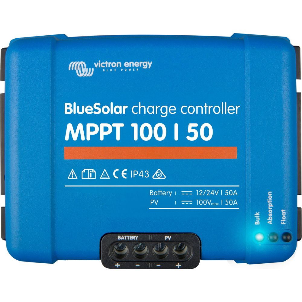 Caricatore solare BlueSolar MPPT 100 I 50 blu Victron Energy con terminali.