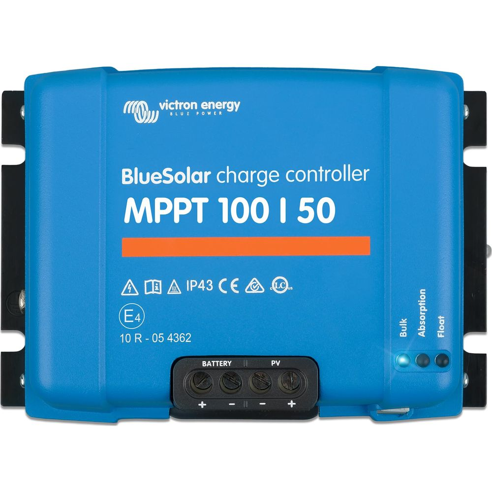 Caricabatterie Victron BlueSolar MPPT 100 I 50 blu con terminali e spie di stato.