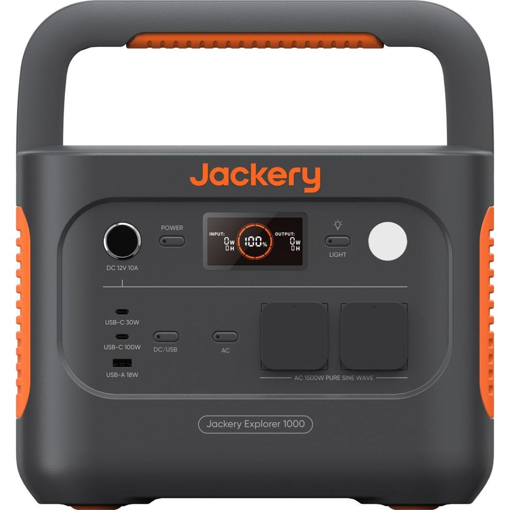 Grauer Jackery Explorer 1000 mit orangefarbenen Akzenten und einem digitalen Display.