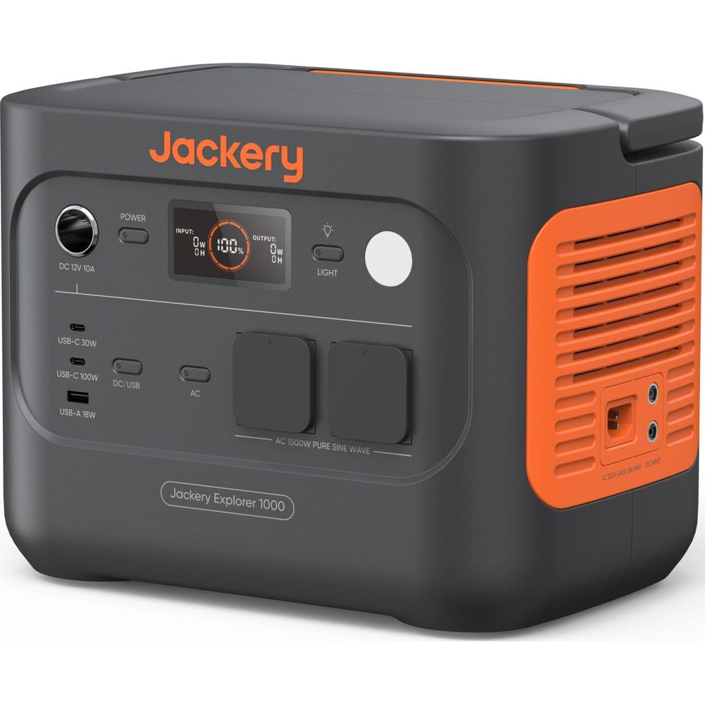 Ein grauer Jackery Explorer 1000 Stromgenerator mit orangefarbenen Lüftungsschlitzen.