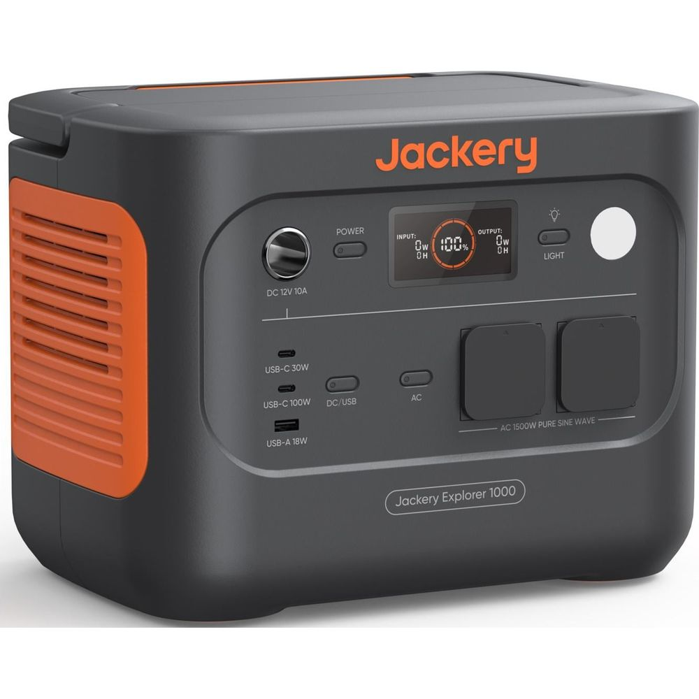 Ein schwarzer Jackery Explorer 1000 mit orangefarbenen Akzenten, Anschlüssen und einem Display.