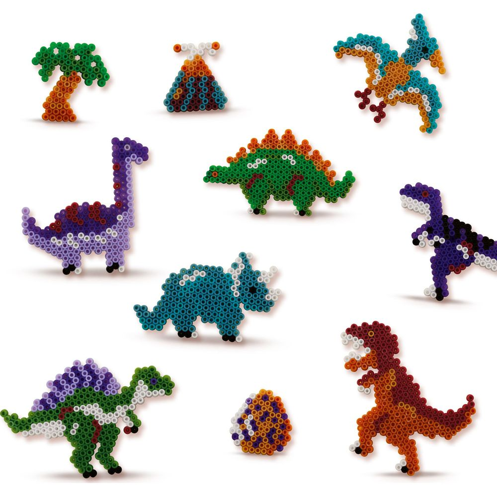 Perlen-Dinosaurier: Triceratops, Brontosaurus, T-Rex, Flugsaurier, Stegosaurus, Ei, Vulkan, Palmen.