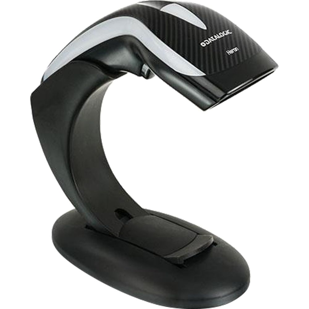 Uno scanner di codici a barre nero con accento bianco su un supporto.