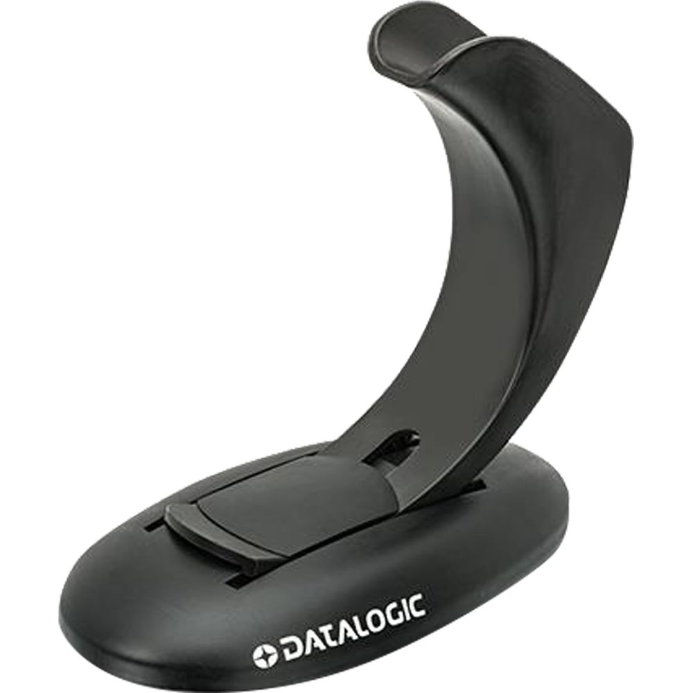 Supporto nero Datalogic con braccio curvo e base.