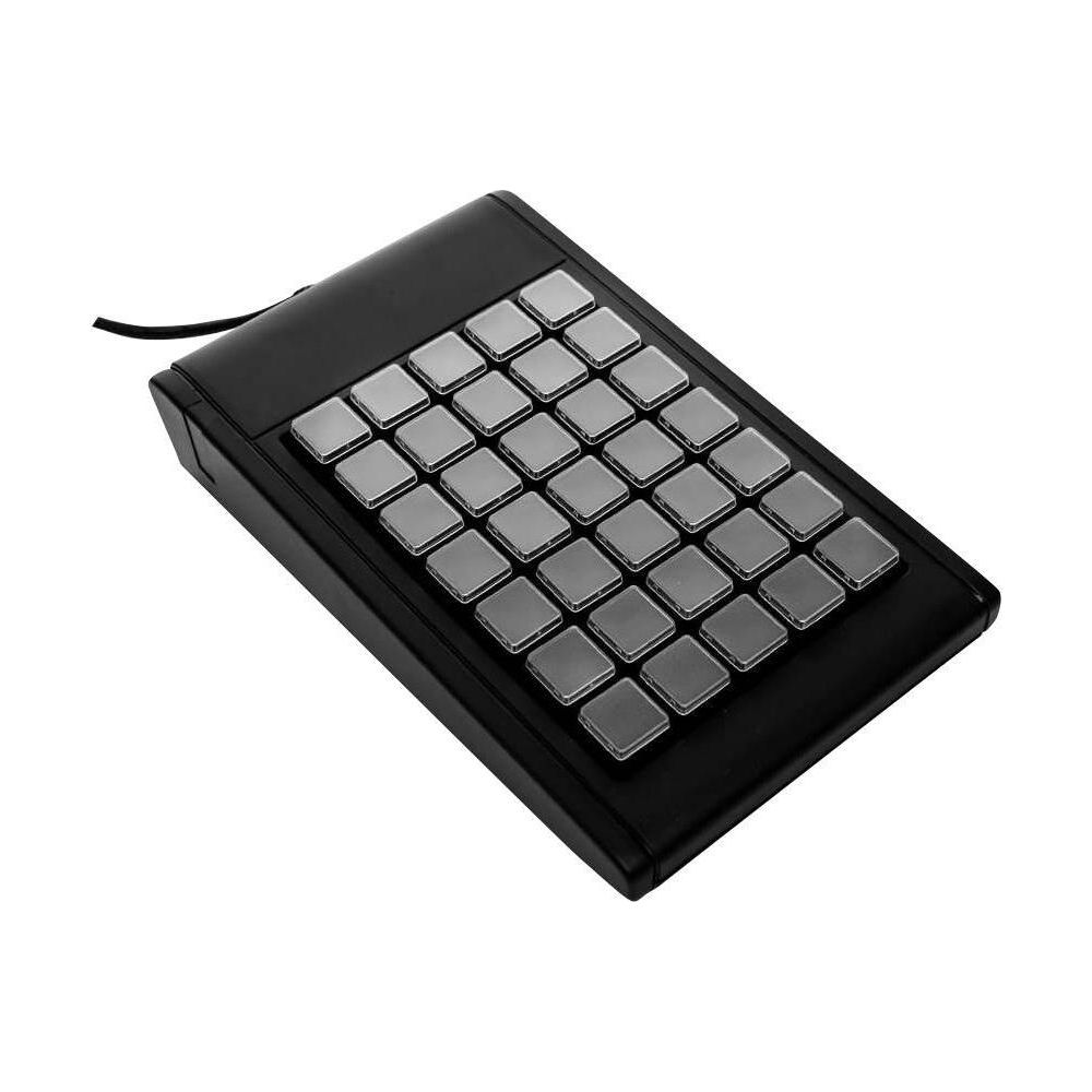 Dispositivo elettronico nero con 24 pulsanti grigi, collegato via cavo.