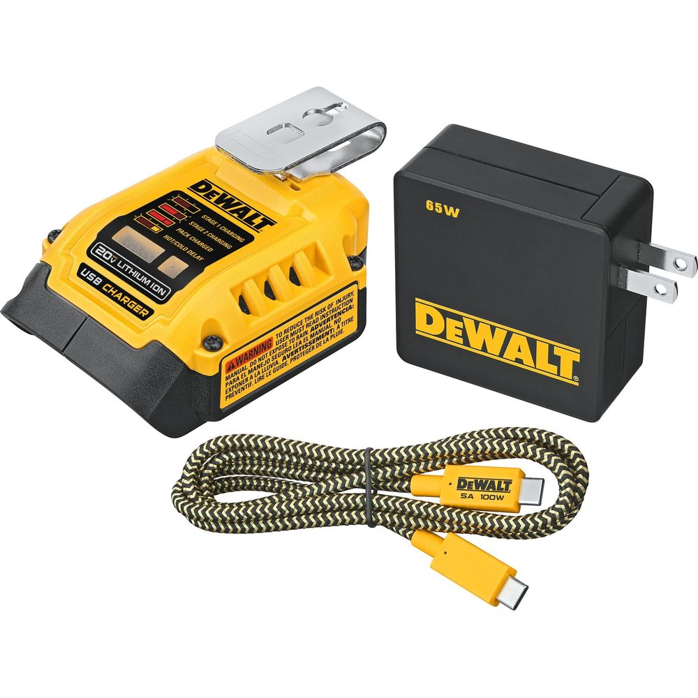 DeWalt USB-Ladegerät, 65W Netzteil und USB-C-Kabel mit Stoffummantelung.