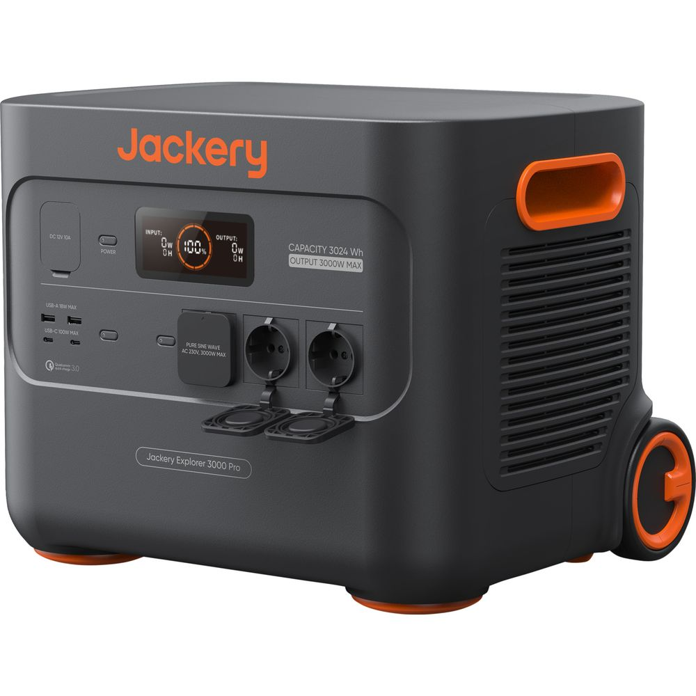 Der Jackery Explorer 3000 Pro ist ein schwarzer tragbarer Stromgenerator mit orangefarbenen Akzenten.