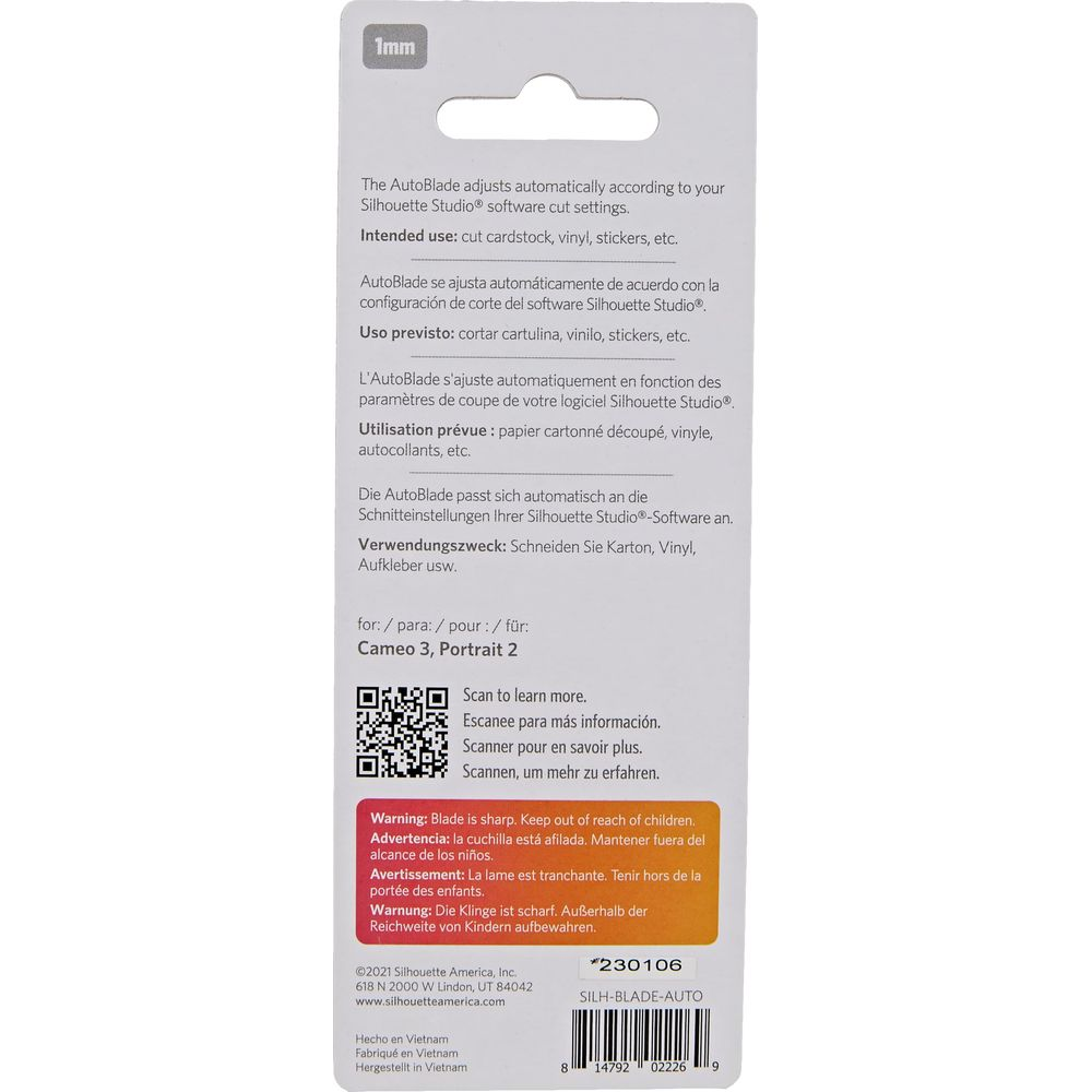 Verpackung für ein Silhouette AutoBlade mit 1mm Klinge. Enthält Anleitungen und Warnhinweise.