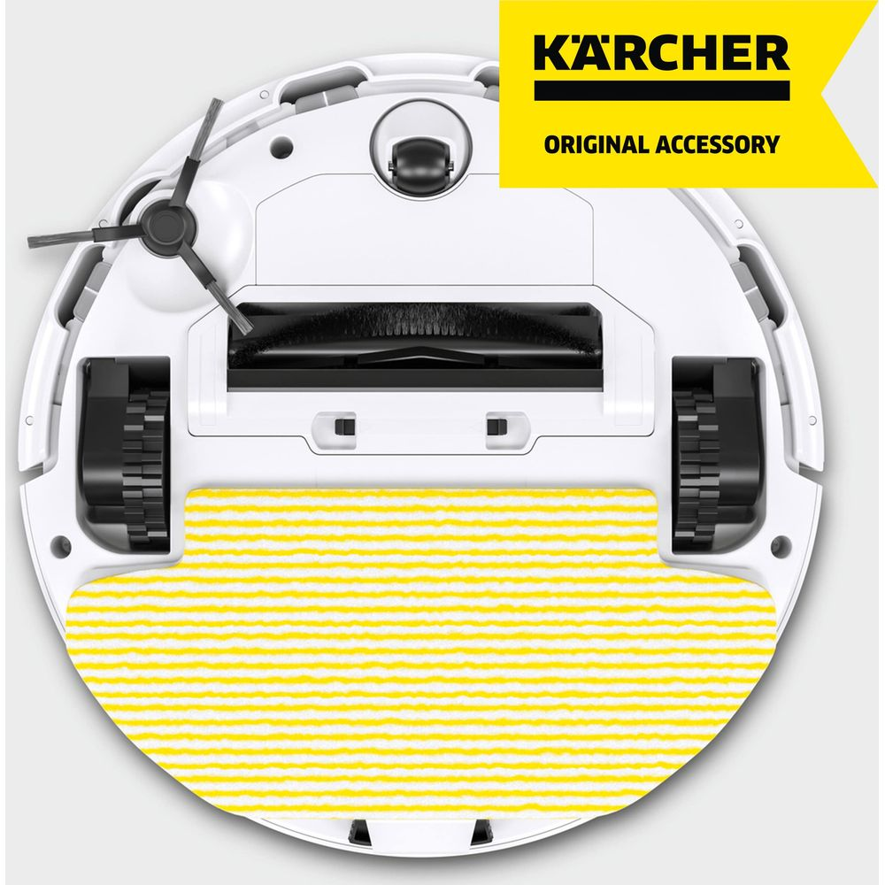 Parte inferior de un robot aspirador blanco con mopa amarilla y logo Karcher.