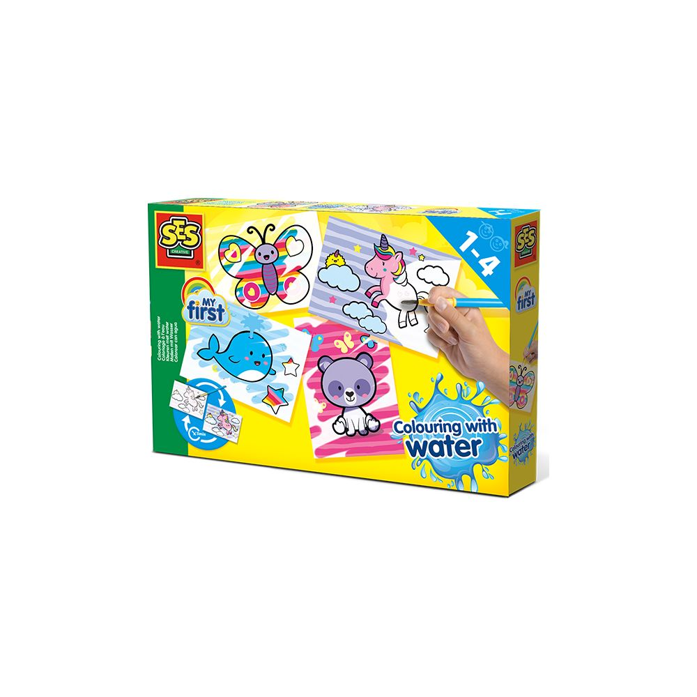 Un set per colorare ad acqua con farfalla, balena, orso e unicorno.
