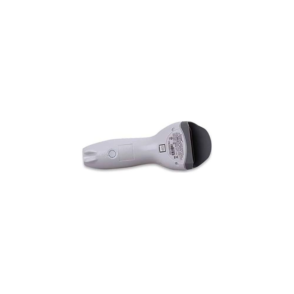 Ein grauer Barcode-Scanner liegt auf einem weißen Hintergrund.