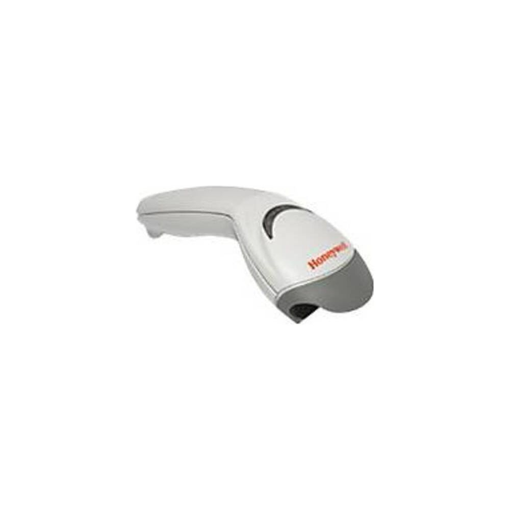 Ein weißer Barcode-Scanner mit grauer Spitze und rotem Honeywell-Logo.