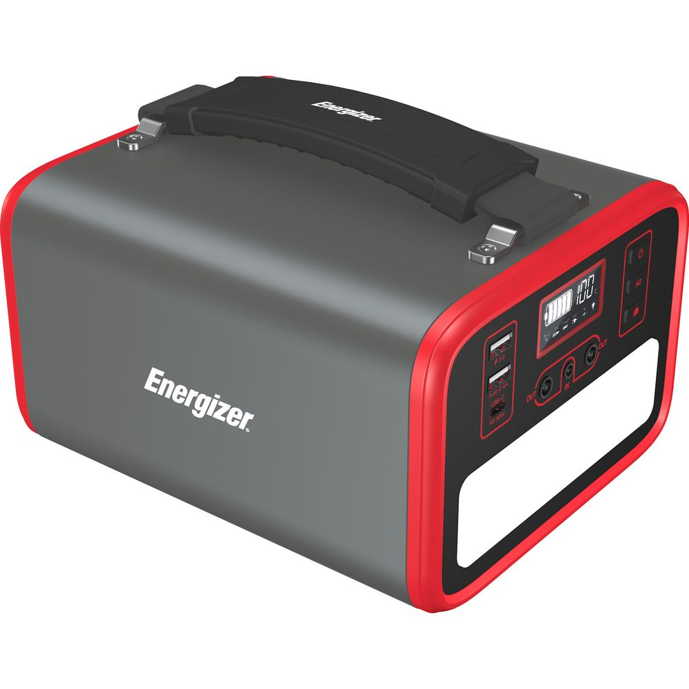 Grauer Energizer-Stromgenerator mit rotem Rand und schwarzem Griff.