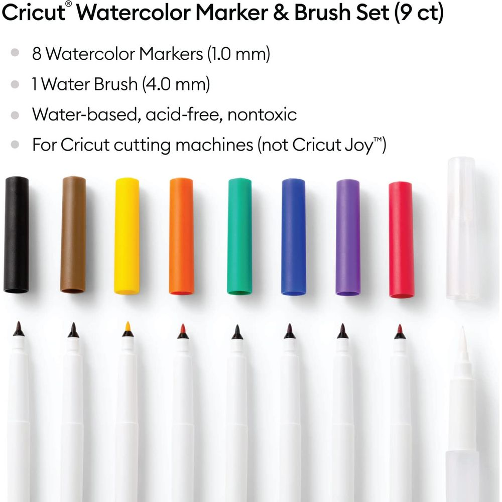Ein Set mit 8 bunten Cricut Markern und einem Wasserpinsel.