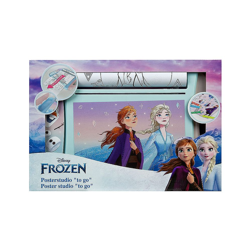 Disney Frozen Posterstudio con Anna, Elsa e Olaf, con un poster che mostra fiocchi di neve.