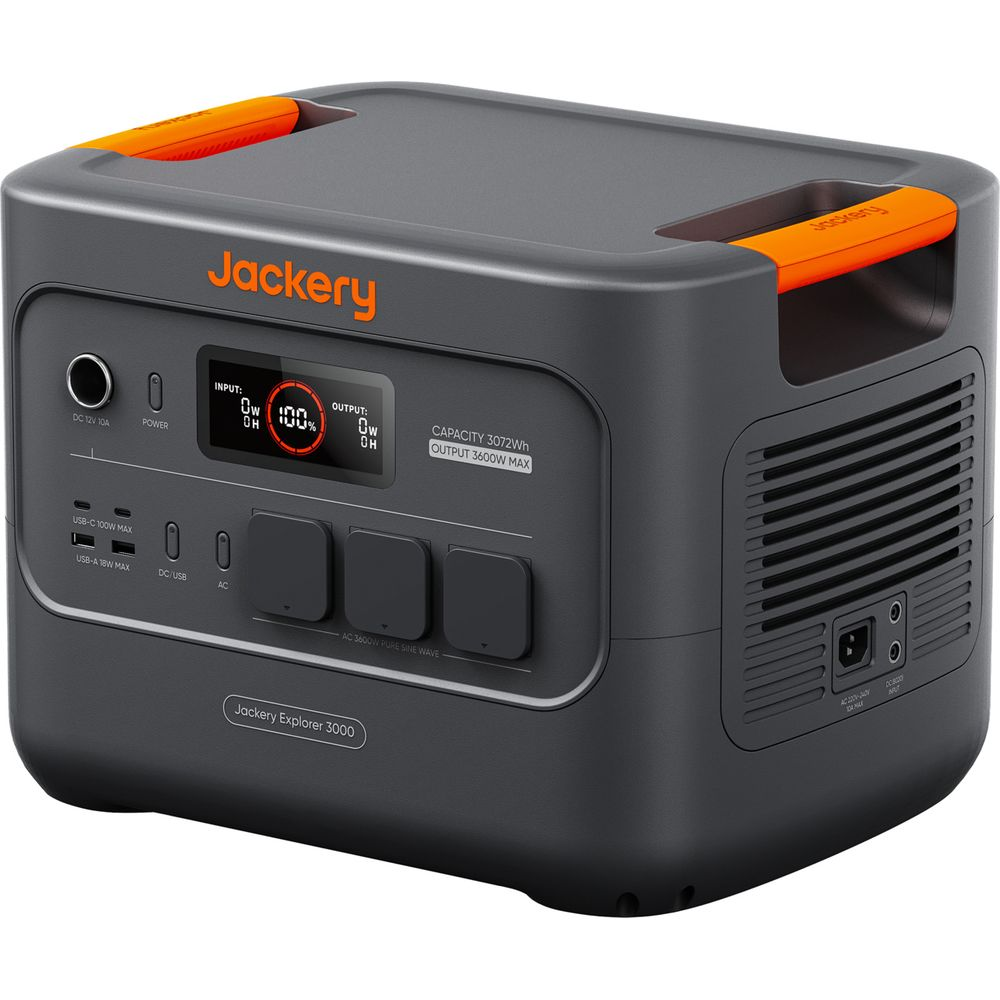 Stazione di alimentazione grigia Jackery Explorer 3000 con manici arancioni e display digitale.