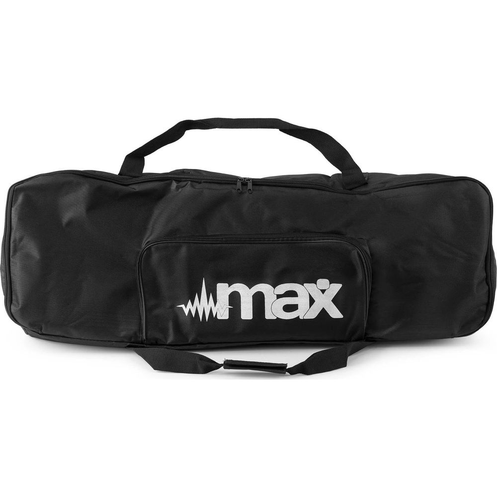 Bolso negro de transporte con dos asas y bolsillo frontal con logo blanco.