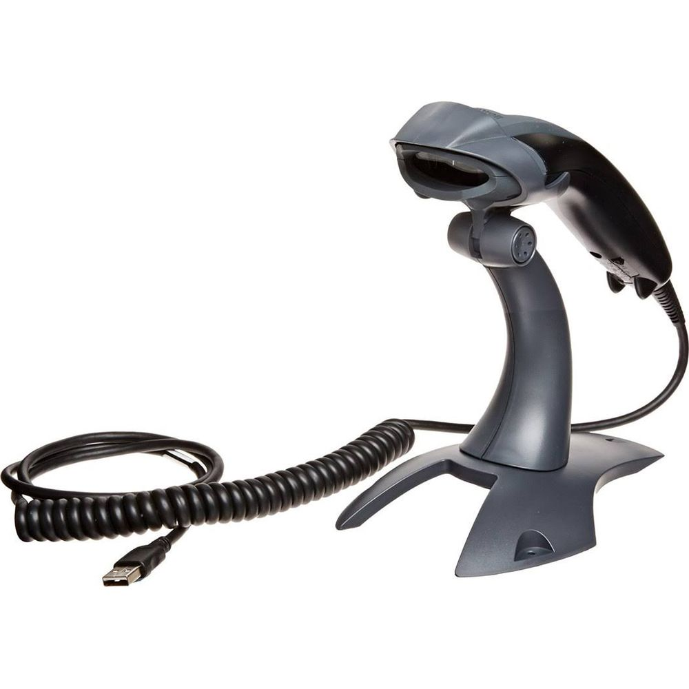Uno scanner di codici a barre nero su supporto grigio con cavo USB.