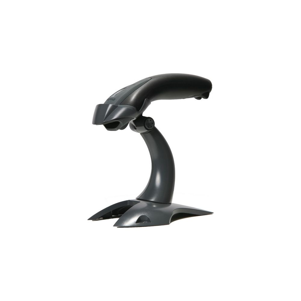 Uno scanner di codici a barre nero su un supporto, isolato su sfondo bianco.