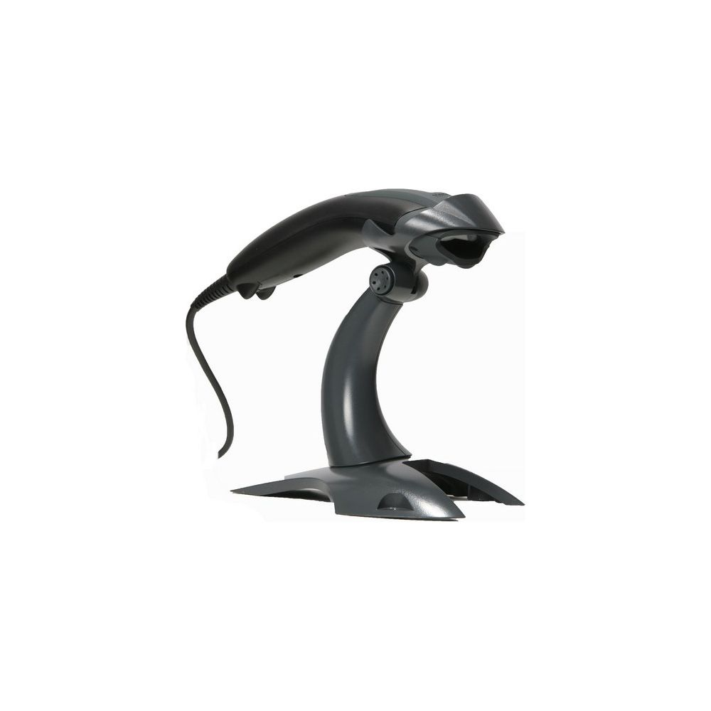 Uno scanner di codici a barre nero su supporto scuro, isolato su sfondo bianco.