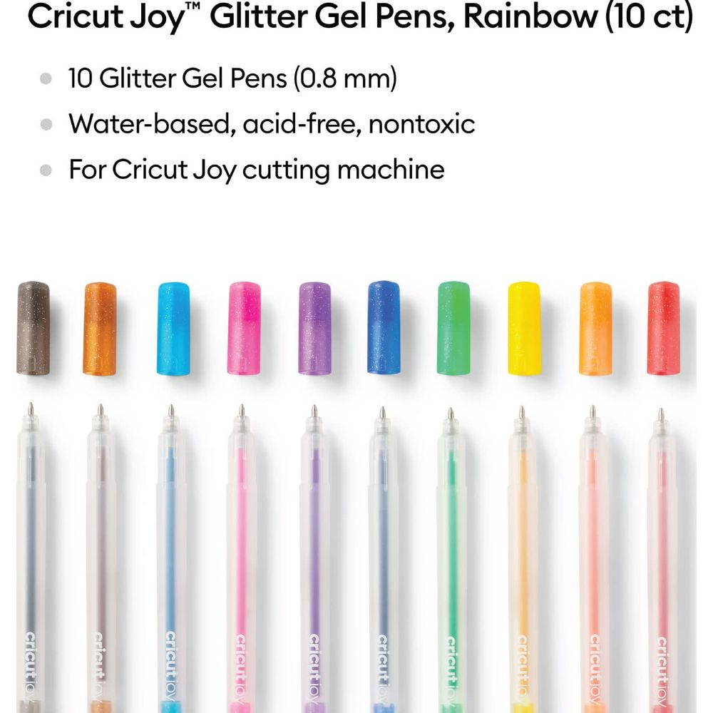 Zehn Cricut Joy Glitzer-Gelstifte in Regenbogenfarben. Kappen und Schäfte sichtbar.