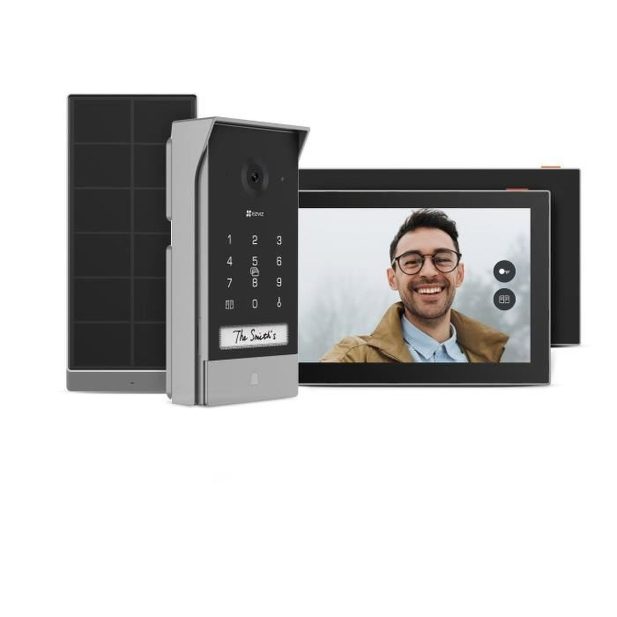 Un intercomunicador con teclado y un monitor que muestra a un hombre.
