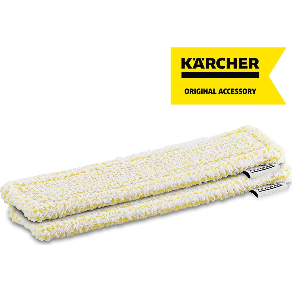 Due panni in microfibra bianchi e gialli impilati. Logo Kärcher sopra.
