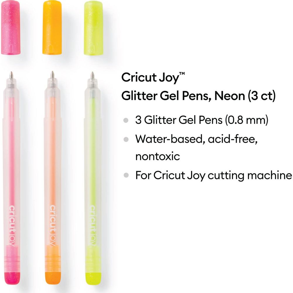 Drei neonfarbene Glitzer-Gelstifte: pink, orange, gelb. Für Cricut Joy.