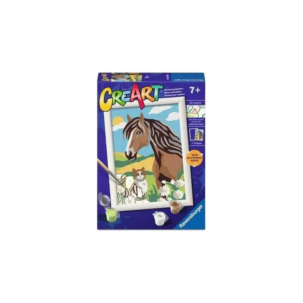 Kit Ravensburger Pintar por Números con caballo, gato y gemas brillantes.