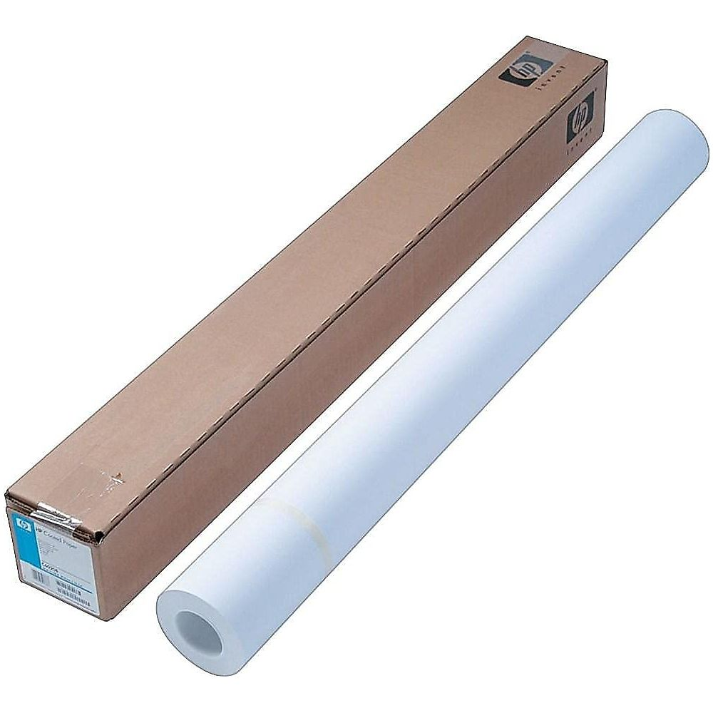 Una lunga scatola di cartone marrone accanto a un rotolo di carta bianca HP.