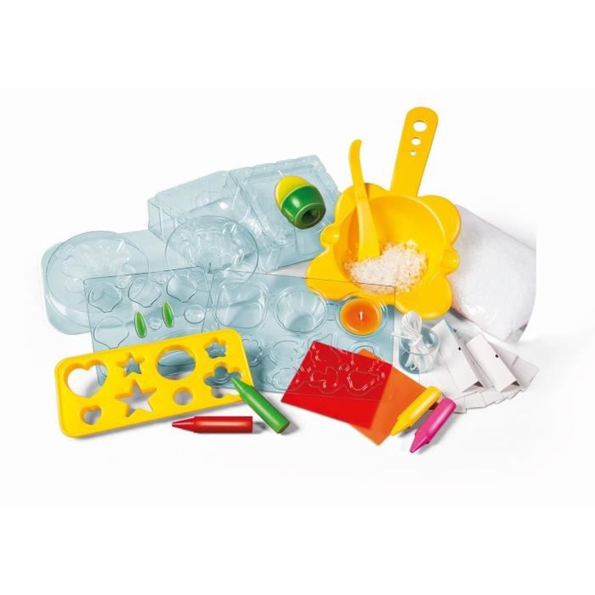 Kolorowe materiały plastyczne z foremkami, miską, łyżką i proszkiem.