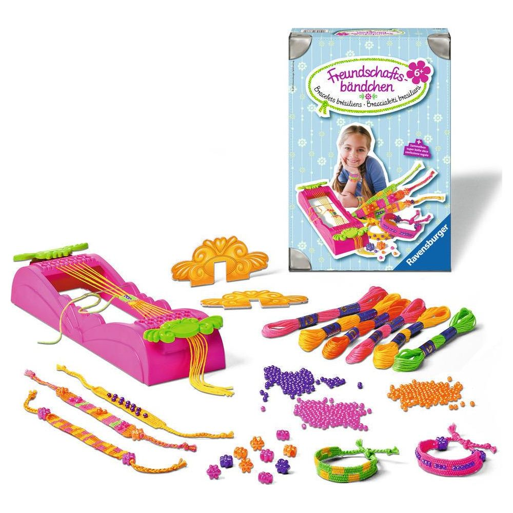 Zestaw do tworzenia bransoletek przyjaźni z różową ramką, nićmi i koralikami.