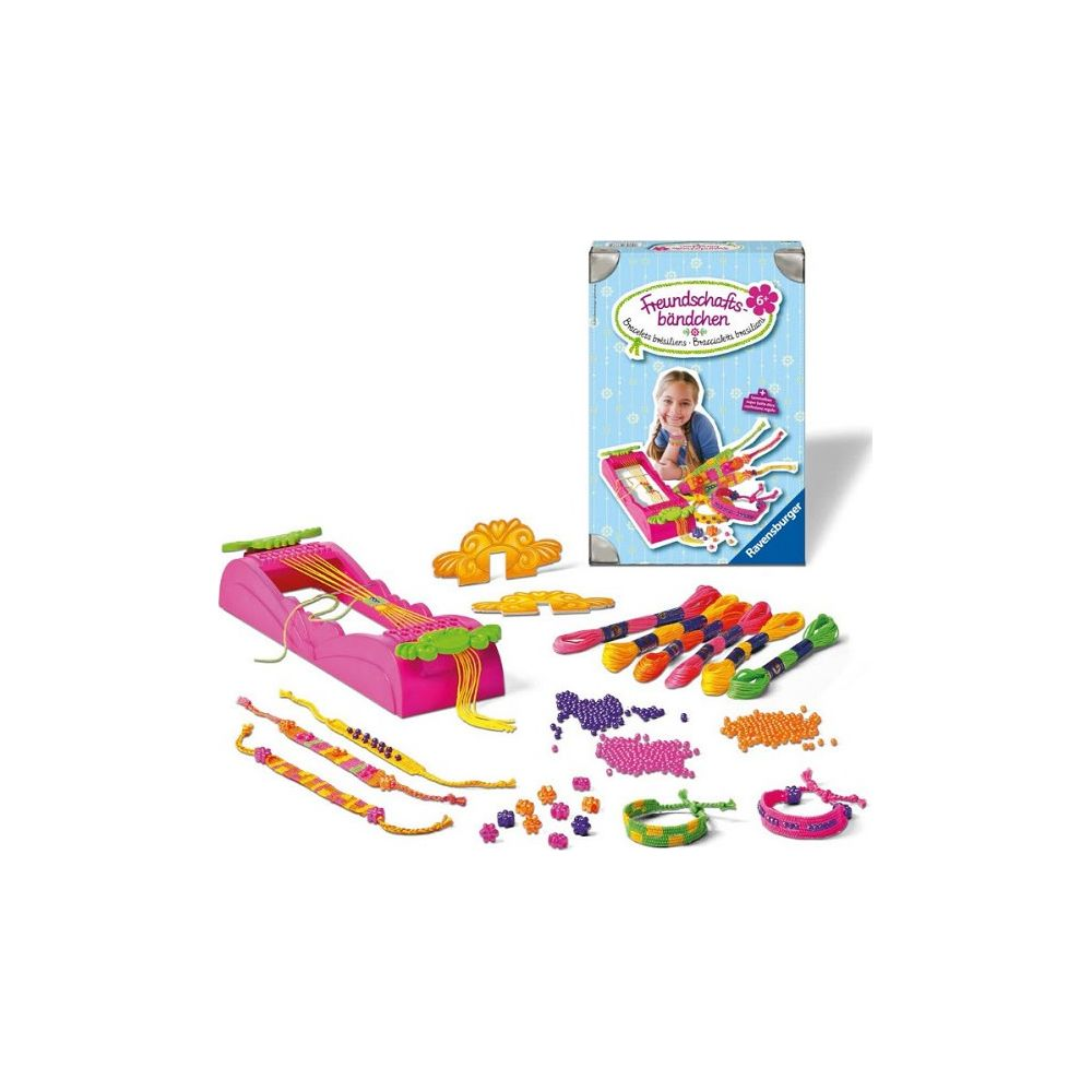Zestaw do robienia bransoletek przyjaźni z krosnem, nićmi i koralikami.