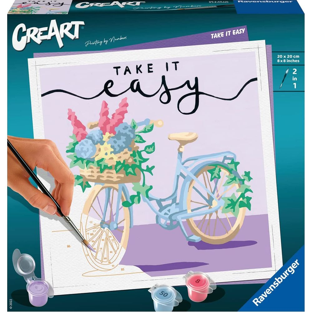 Un set di pittura mostra una bici con cesto di fiori, mano con pennello e vasetti.