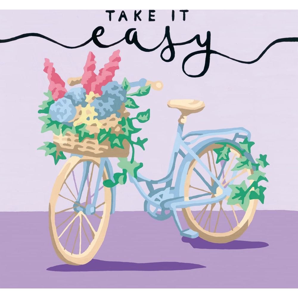 Una bicicletta azzurra con cesto di fiori e rampicanti, testo: Take It Easy.