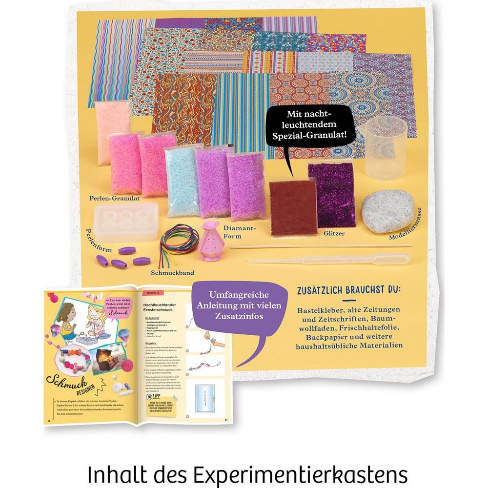 Bastelmaterialien: Granulat, Glitzer, Schmuckband, Form und Anleitung.