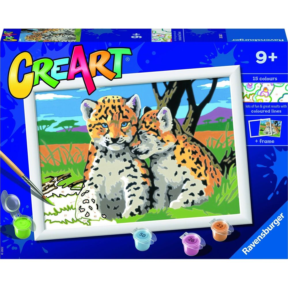 Set pittura Ravensburger CREART con due giovani leopardi e attrezzi.