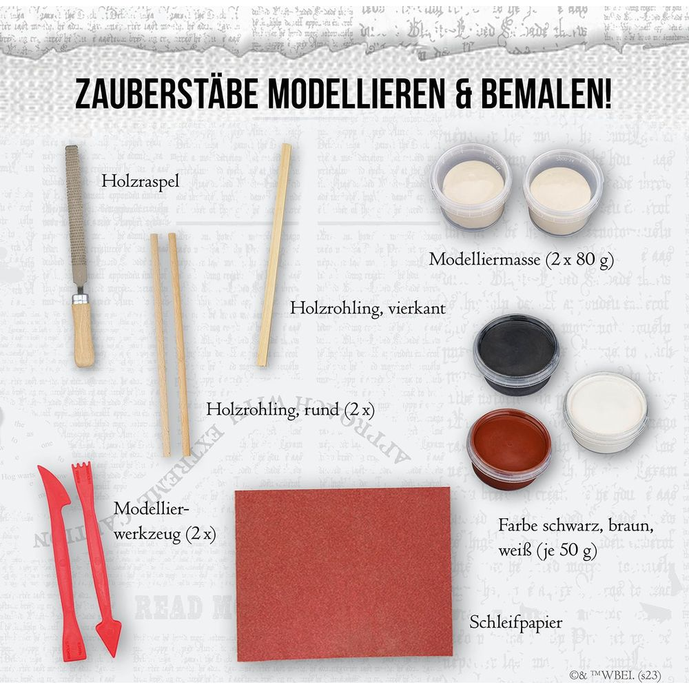 Zestaw do tworzenia różdżek z drewnem, masą modelarską, farbami i narzędziami.