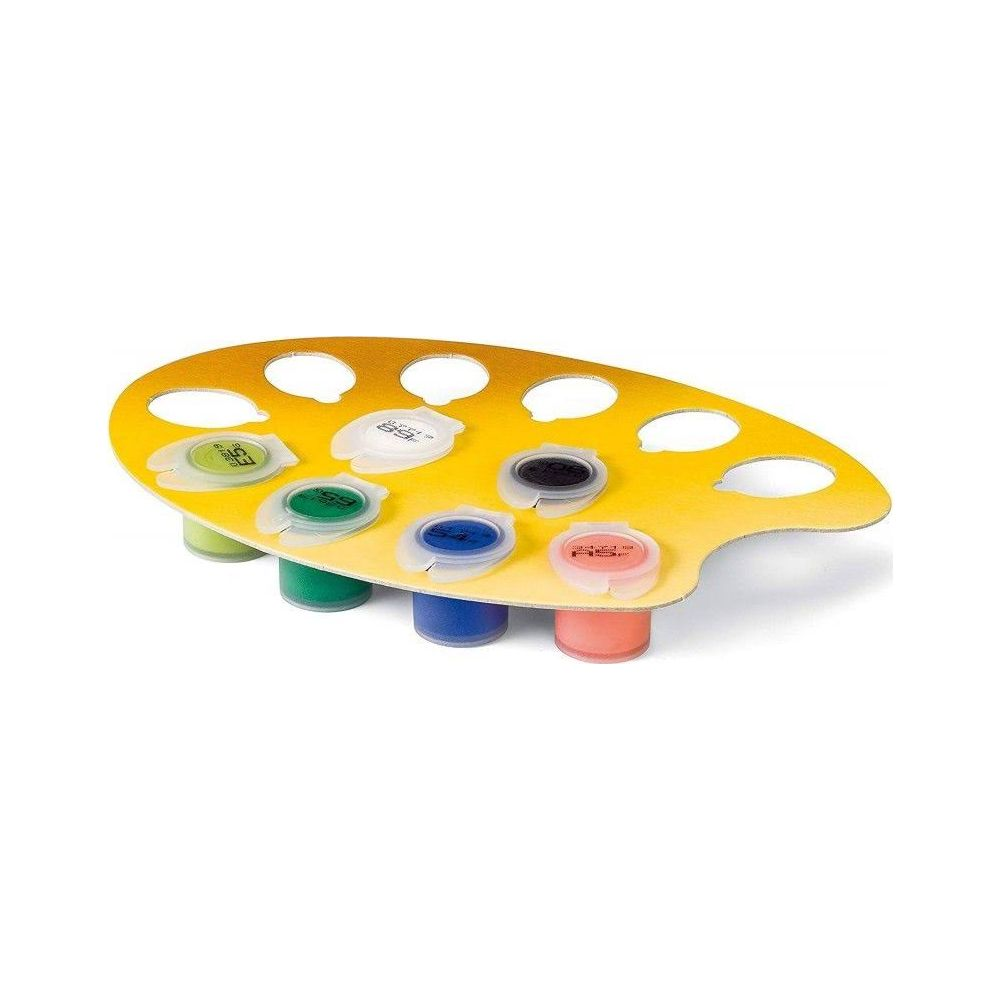 Gelbe Palette mit acht Farbbehältern darunter in Grün, Blau und Rot.