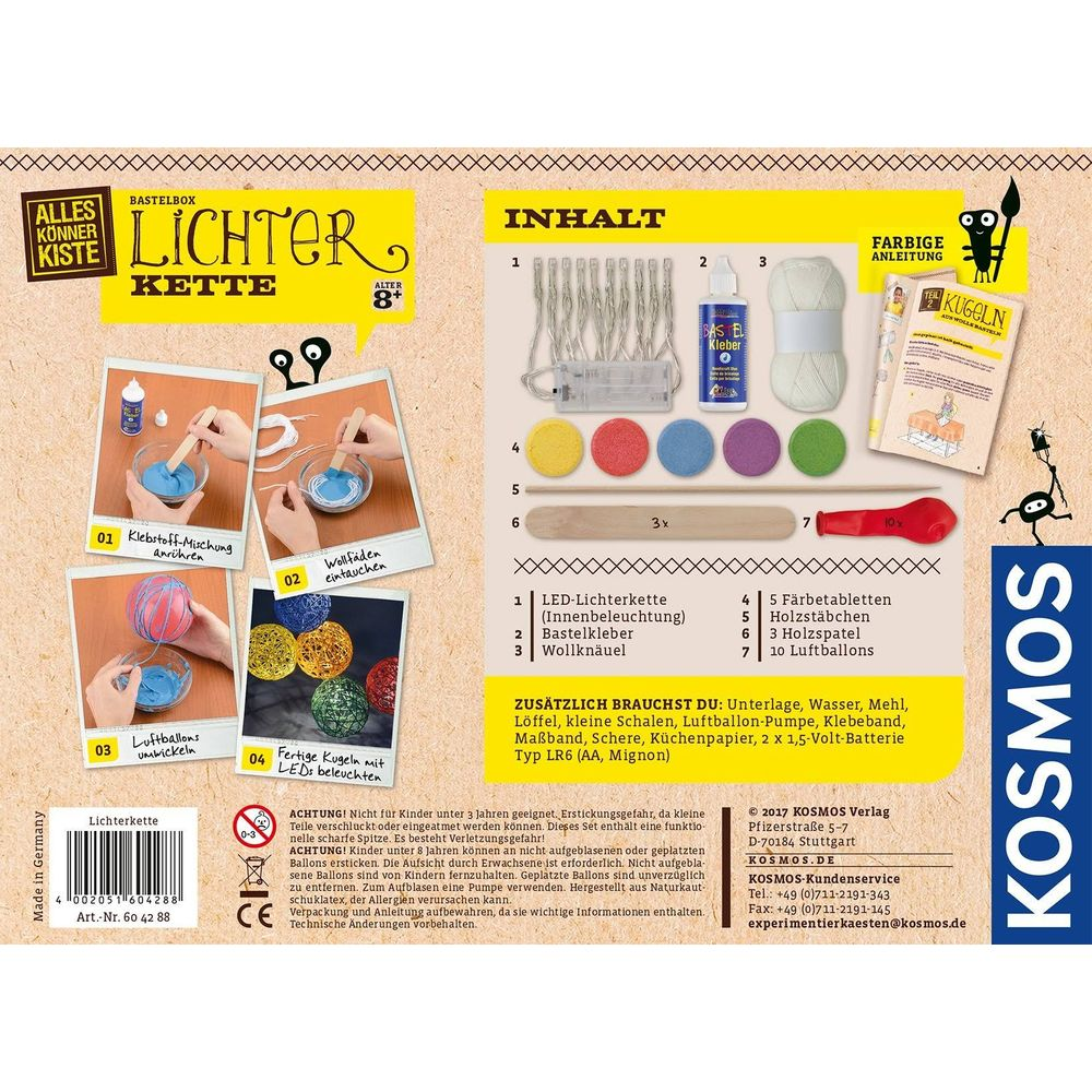 Bastelset mit Anleitung, LED-Lichterkette, Kleber, Wolle, Farben, Holzstäbchen, Ballons.