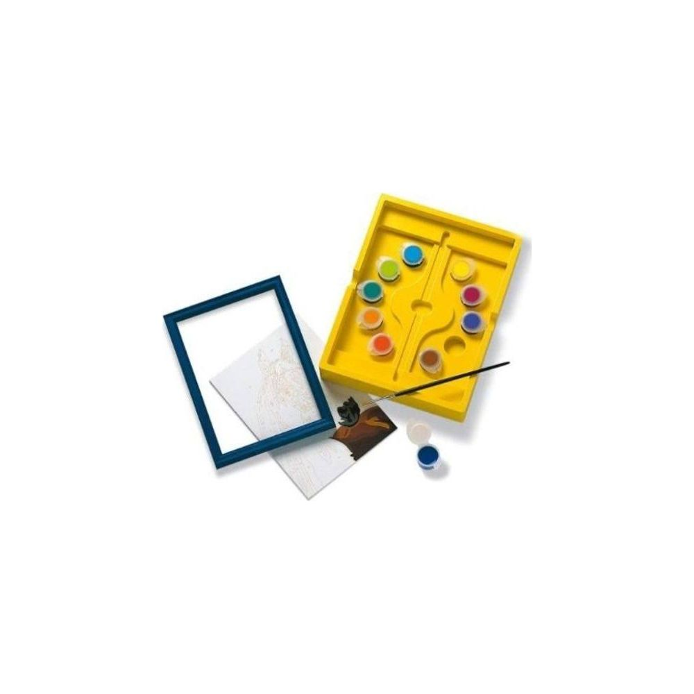 Zestaw malarski z żółtym pojemnikiem na farby, farbami, płótnem i pędzlem.