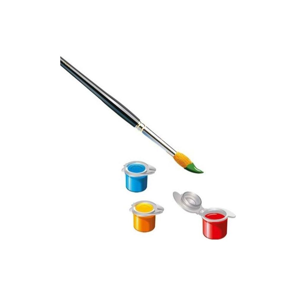 Pędzel z trzema pojemnikami farby: niebieski, żółty i czerwony.