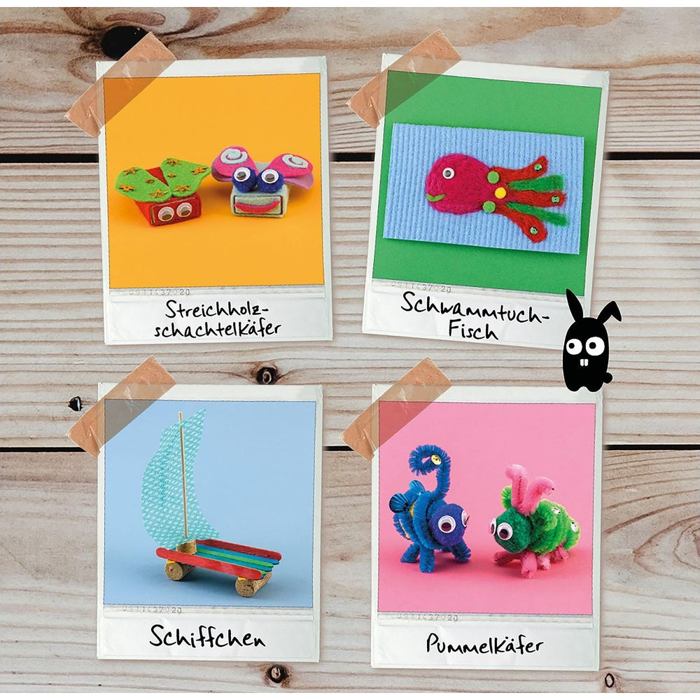 Quattro Polaroid mostrano lavoretti colorati: scarabei scatola fiammiferi, pesce spugna, barchetta e simpatici insetti.