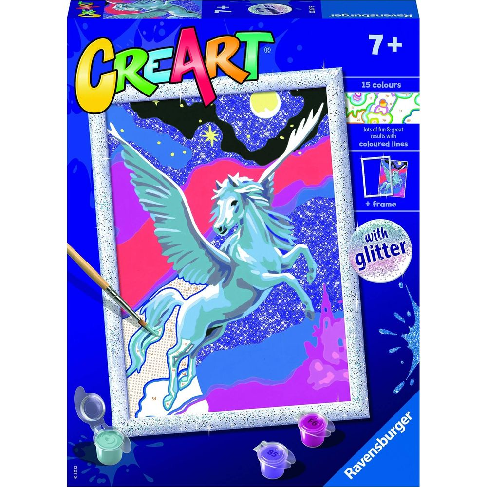 Set Ravensburger CreArt: un cavallo alato dipinge un cielo stellato.