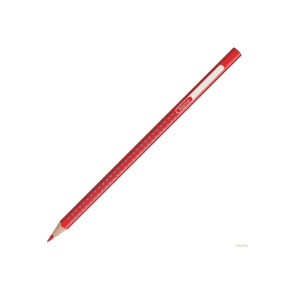 Ein roter Bleistift mit Namensschild und gepunkteter Oberfläche auf weißem Hintergrund.