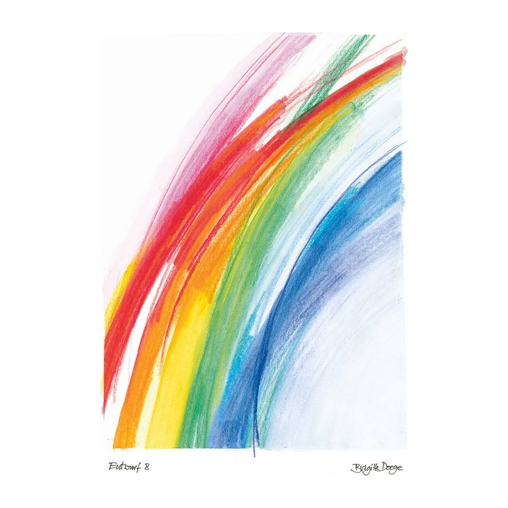 Ein bunter Regenbogen mit roten, orangen, gelben, grünen und blauen Streifen auf weißem Hintergrund.