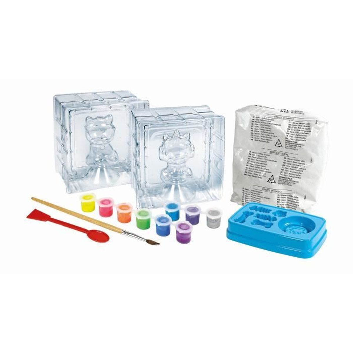 Kit de manualidades con moldes, pinturas, pincel, espátula y yeso.