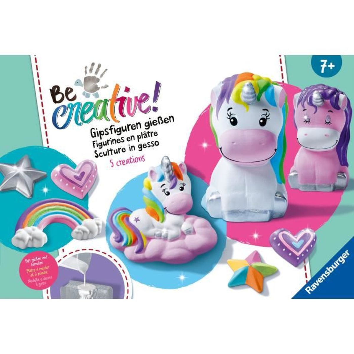 Zestaw kreatywny z figurkami gipsowymi: jednorożce, gwiazdy, serce, tęcza.
