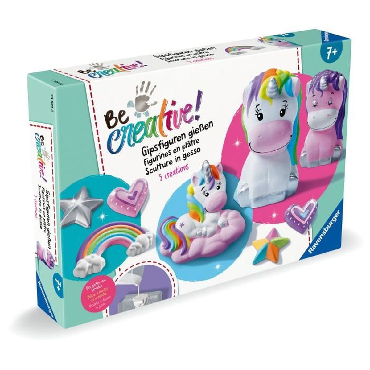 Pudełko z zestawem do tworzenia figurek z gipsu: jednorożce, gwiazdy, serce.